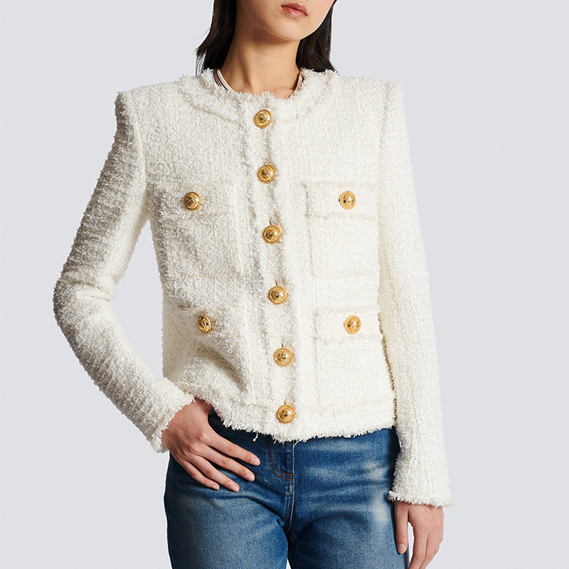 Balmain 2024 Autumn Classic Small Fragrance Short Single Breasted Jacket Women's Solid Color Round Neck Tweed Casual Jacket