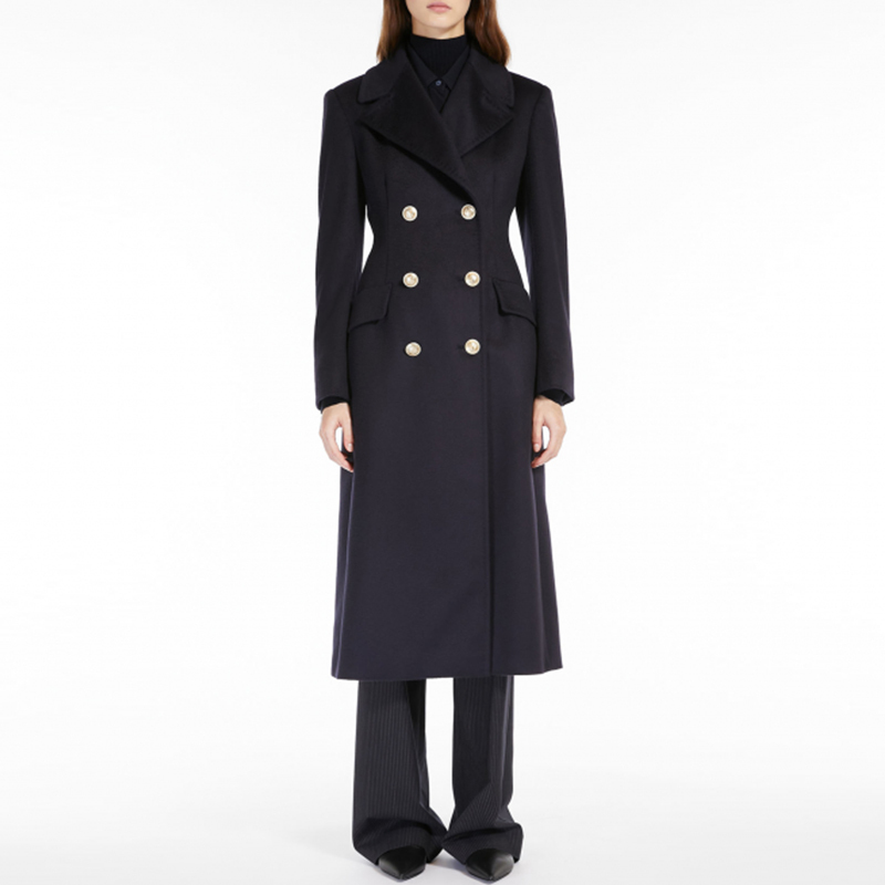 2026 Spring and Autumn m Brand Same Style Water Ripple Wool Coat Women's Long Trench Coat Navy Blue Woolen Coat
