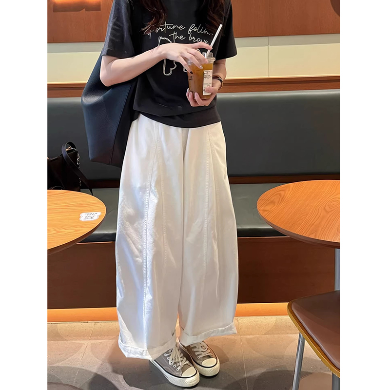Relaxed White Wide-Leg Pants for Women, Summer Thin Japanese-Style High-Waisted Slimming Petite Washed Casual Pants