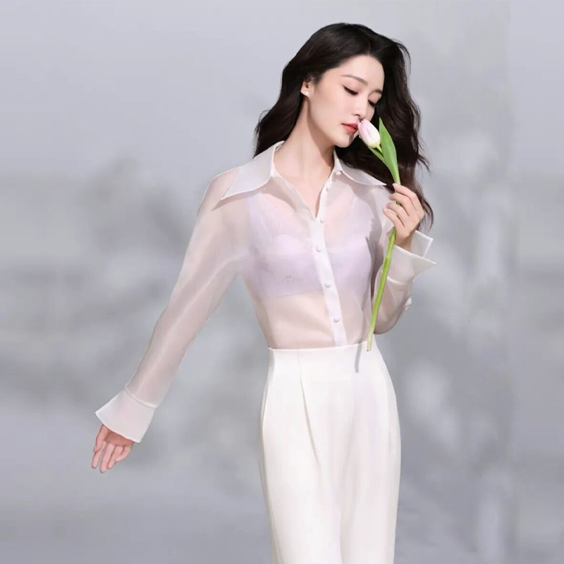 Li Qin's Same Style 2026 New Summer Hazy Transparent Slim-Fit Sheer Pure Desire Style Sexy See-Through Shirt for Women