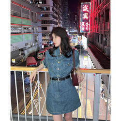 Wu Baozhu Hong Kong style retro denim dress ແອວຂອງແມ່ຍິງ summer ໃຫມ່ polo collar ຂະຫນາດນ້ອຍແຂນສັ້ນ skirt A-line