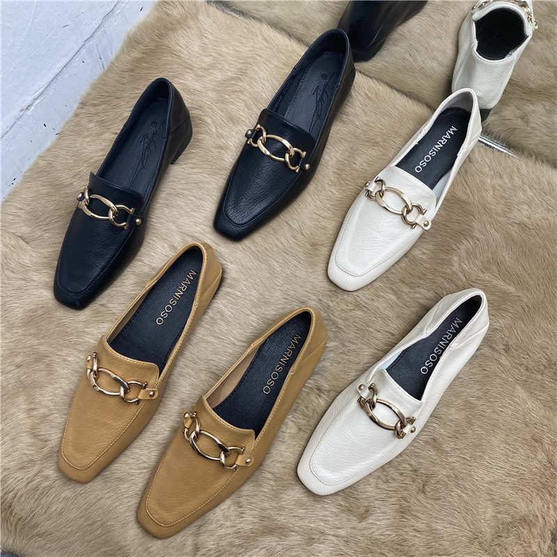 INS2022 new genuine leather sloth girls' shoes college wind square head two wearing chains small leather shoes rough heel 100 lap single shoes