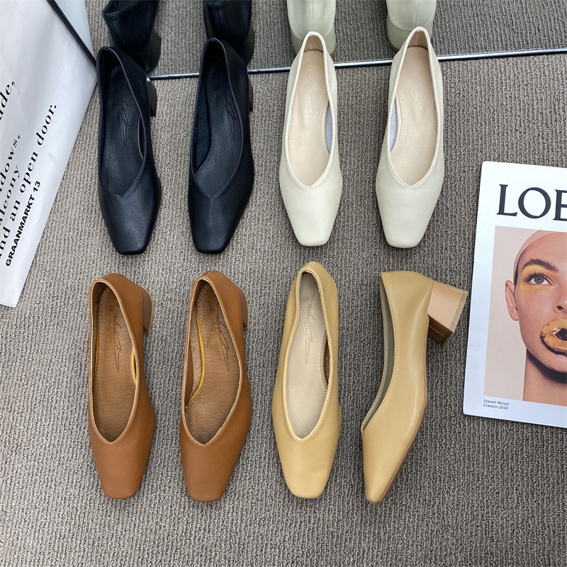 chic korean square toe grandma shoes thick heel women's single shoes 2022 spring new trend mid-heel all-match evening work shoes