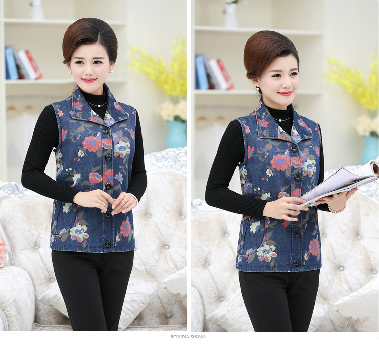 Áo vest nữ trung niên chất liệu denim mùa thu và mùa đông vest vest vest nữ mùa xuân và áo khoác mùa thu cotton cỡ lớn đầm dự tiệc cho người lớn tuổi