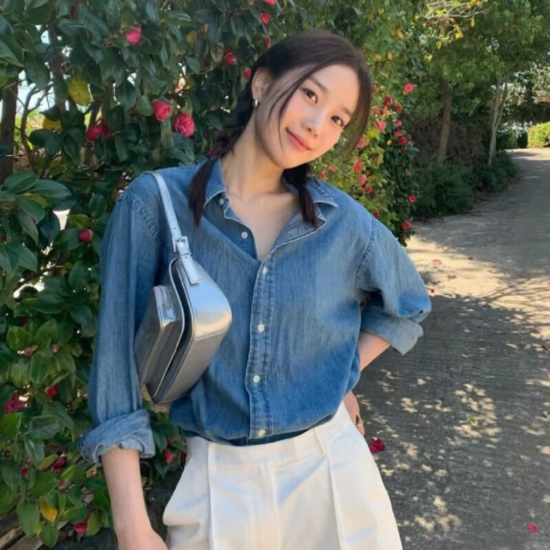 R Women's Washed Pure Cotton Denim Shirt R Women's Washed Pure Cotton Denim Shirt