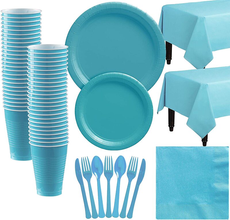 Disposable Tiffany Blue Solid Color Plastic Plates Round Tableware Picnic Decoration Boy's Birthday Blue Tablecloth