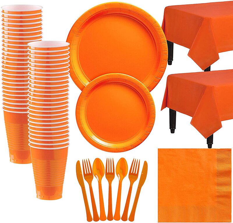 Orange Disposable Plastic Plates, Cups, Paper Tableware Set, Halloween Thanksgiving Party Plates, Paper Cups, Tablecloth Orange Disposable Plastic Plates, Cups, Paper Tableware Set, Halloween Thanksgiving Party Plates, Paper Cups, Tablecloth