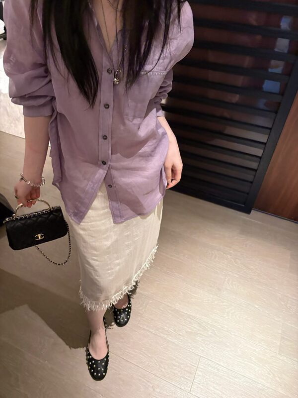 Verso Gentle Style Off-White Tassel Straight Skirt High-Waisted Textured Taro Purple Elegant Linen Shirt for Women