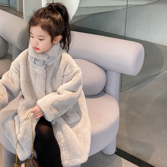 Children's imitation fur coat, mid-length, cotton-padded coat for girls and boys, autumn and winter thickened warm coat with fur