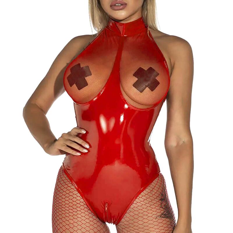 Super Shiny Patent Leather Pvc Glossy Red Leather Mesh Patchwork Bodycon Elastic Open-Crotch Bodysuit, No Need to Take Off, Seductive