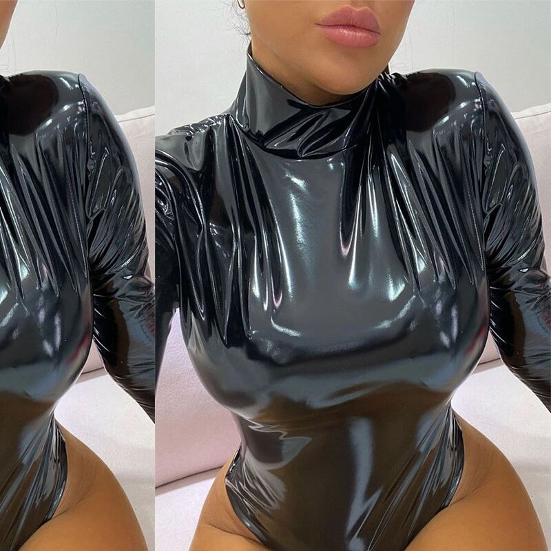 2021 net red identical mirror painted leather dress woman Sexy wind half high collar long sleeve head mid-waist blouses woman