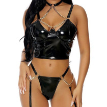 European and American motorcycle style metal chain leather halter neck underwear mirror glossy patent leather sexy temptation pattern breast underwear set