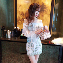 One-word collar strapless buttocks birthday party dress ruffles embroidered floral slim slim dress