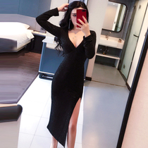 Nightclub sexy deep V-neck bag hip split long sleeve dress birthday dinner party host dress long dress