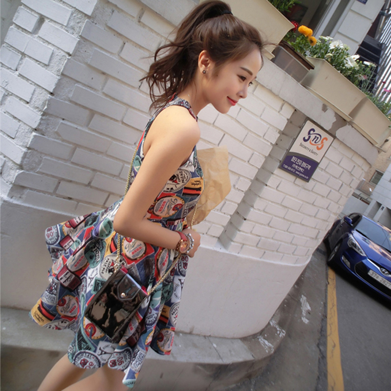 Xiao Xiang Feng Hanging Neck and Shoulder A- line Skirt Birthday Party Dress Short Skirt Women's Printed Waist Slim Dress Summer