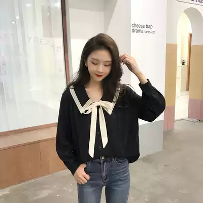 Large size women's 2021 autumn new fat mm Korean bow chiffon shirt loose slim college style top