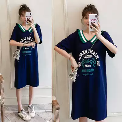 Large size dress 2021 new fat mm loose straight V collar knitted short sleeve casual fashion printed long skirt