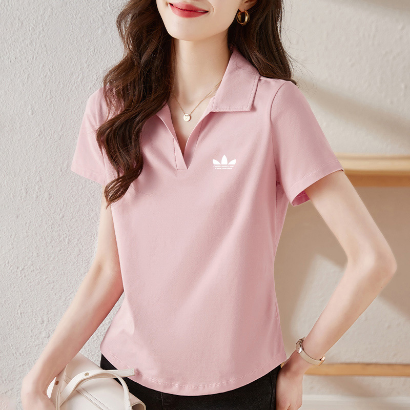 Sports Clover Casual Short-Sleeved T-Shirt for Women Summer 2026 New Polo Shirt Loose Slimming Look V Neck Top