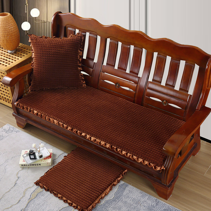Winter thickened plush solid wood mahogany sofa sponge cushion non-slip removable and washable three-person wooden bench cushion backrest