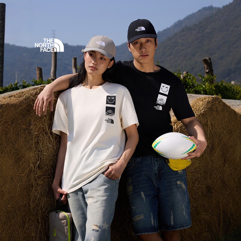 Thenorthface North Face Unisex Spring and Summer Smiley Face Print Loose Breathable Casual Short-Sleeved T-Shirt 8Gvk