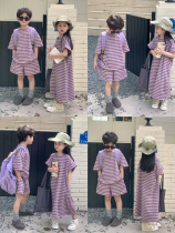 High end net red fried street pro-loading summer clothing boy striped short sleeve shorts suit mother female purple striped dress