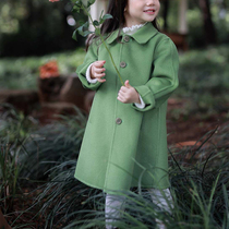 Korean childrens clothing 2024 winter new double-sided wool temperament green woolen coat baby girl thick woolen coat
