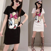 European station 2020 Summer new cotton loose size cartoon sequins long short sleeve t-shirt dress women