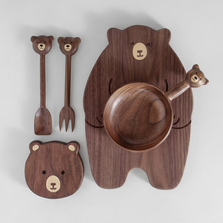 Cute Bear Serving Plate, Black Walnut Wood, Handmade Cartoon Creative Decorative Plate, Wooden Small Fork, Bear Bowl, Snacks