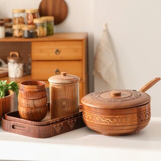 Retro Wooden Ethnic-Style Bowl with Lid, Wooden Instant Noodle Bowl, Children's Bowl, Supplementary Food Bowl, Bowl Set, Carved Tray Set