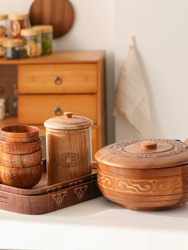 Retro Wooden Ethnic-Style Bowl with Lid, Wooden Instant Noodle Bowl, Children's Bowl, Supplementary Food Bowl, Bowl Set, Carved Tray Set