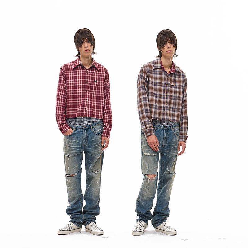 Exitmode 26Fw New Reversible Wool Plaid Long-Sleeve T-Shirt Paired with a Thin Cardigan Jacket Top