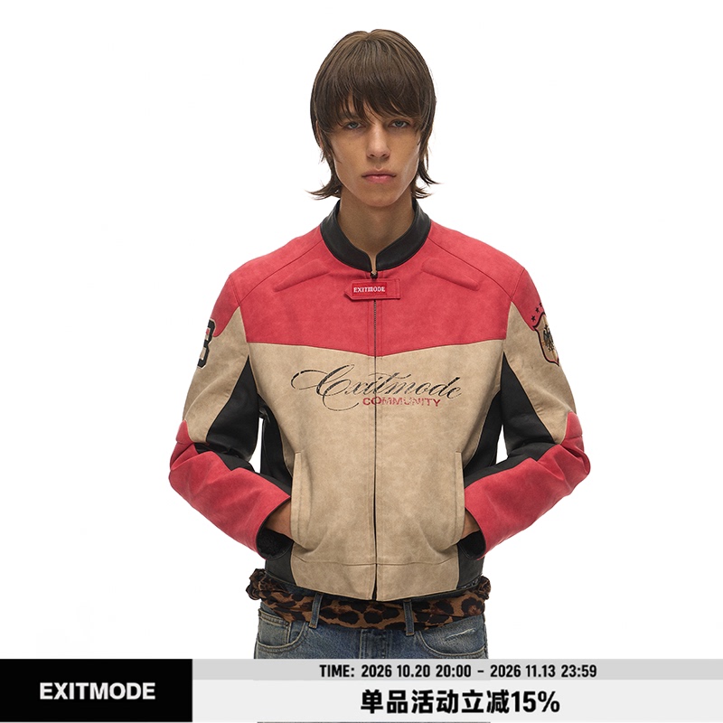 Exitmode 26Fw Retro Color-Blocked Lamb Wool Motorcycle Leather Jacket with Badge Print for Men and Women Exitmode 26Fw Retro Color-Blocked Lamb Wool Motorcycle Leather Jacket with Badge Print for Men and Women