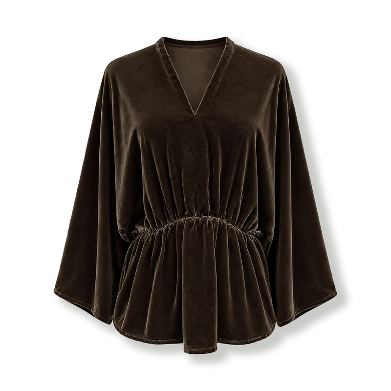 100% Mulberry Silk Velvet Retro V-Neck Waist-Cinching Design Early Autumn Elegant Top Js25