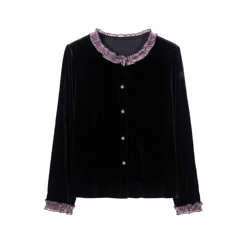 100% Mulberry Silk Velvet Turquoise Button Lace Collar High-End Vintage Silk Velvet Shirt Top Js75