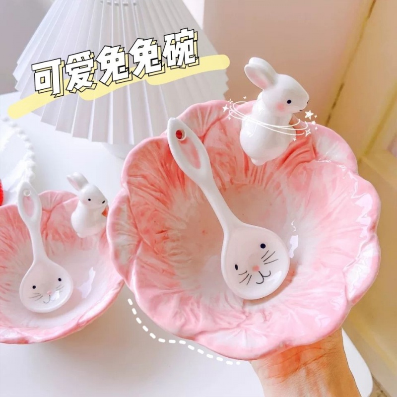 Cute rabbit ceramic bowl girl heart pink salad bowl student Rice Bowl soup bowl breakfast cereal bowl baby tableware