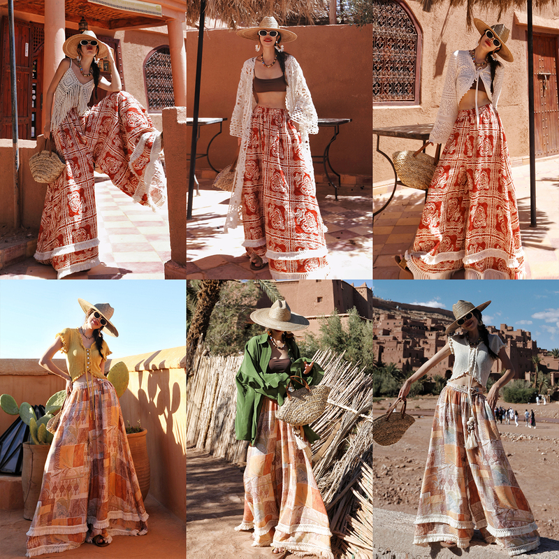 Mai Xu's Original "Sand Island Inflorescence" Bohemian Holiday Ethnic Style Printed Wide-Leg Flared Pants Long Skirt Pants