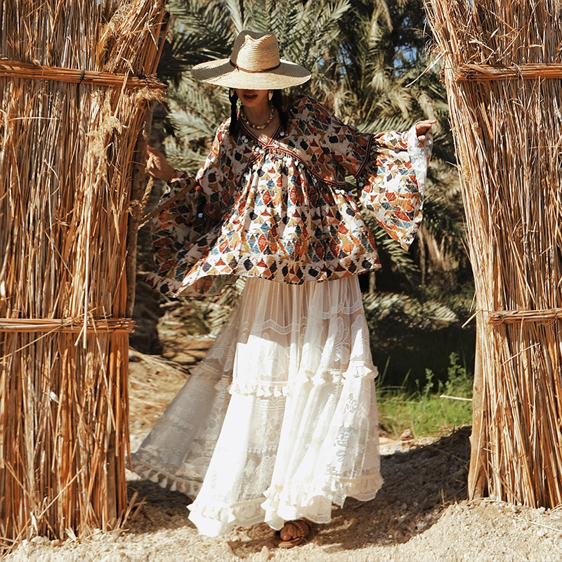 Mai Xu's Original "Celia" Bohemian Ethnic Style Printed Loose V-Neck Flared Sleeve Shirt Top