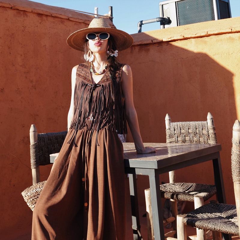 Mai Xu's Original Design "Freedom Hill" Retro Brown Bohemian Style Heavy-Duty Suede Fringe Vest for Women, Short Style Mai Xu's Original Design "Freedom Hill" Retro Brown Bohemian Style Heavy-Duty Suede Fringe Vest for Women, Short Style