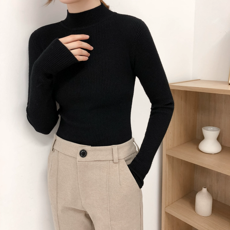 Thu đông 2018 phiên bản Hàn Quốc của áo sơ mi cổ cao nửa cổ sang trọng Áo len mỏng dài tay áo sơ mi nữ áo thun áo len