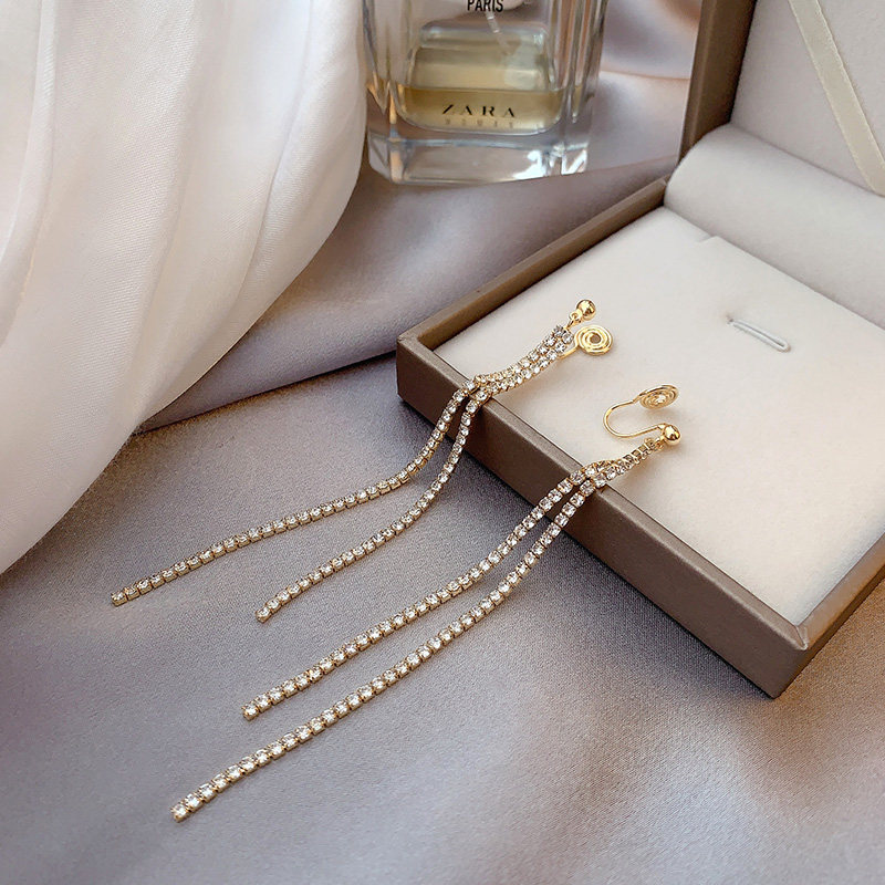 No pierced earrings bling super flash zircon long version earrings mosquito coil ear clips European and American ins net red super fairy advanced