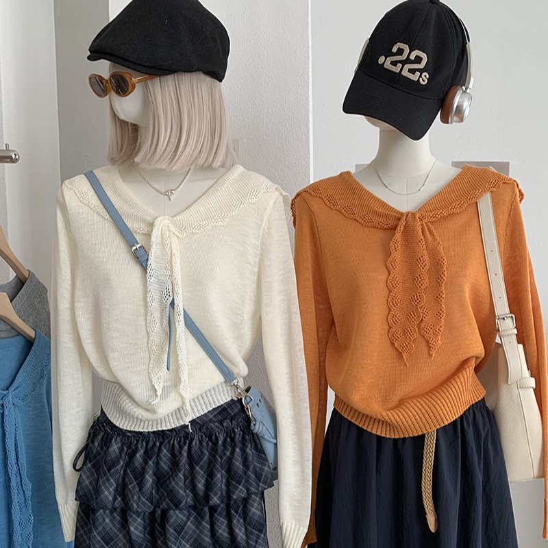 Kekezoon Navy Collar Solid Color Lace-Up Long-Sleeve Knit Sweater Autumn Design Sweater Top Real Shot 8415