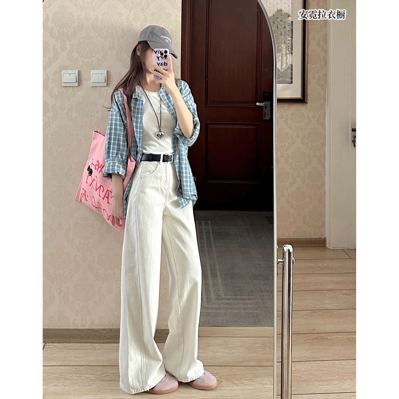 White Straight-Leg Jeans for Women, 2026 Spring Style, American Retro Scimitar Pants, Petite Casual Versatile Long Pants