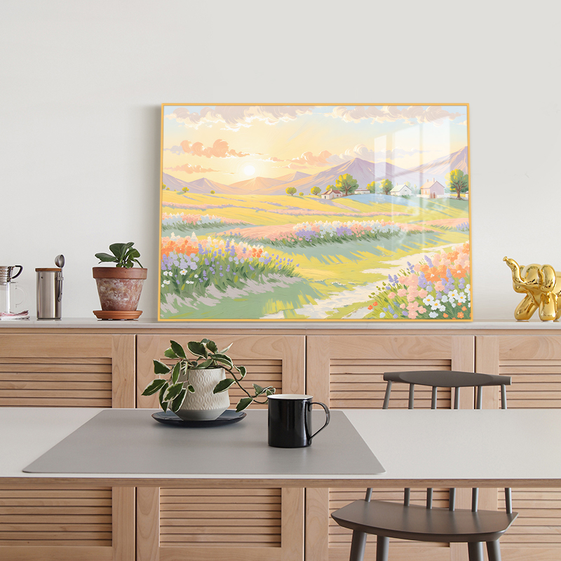 《Flower Field Sunshine》Modern Cream-Style Living Room Background Wall Decorative Painting, Dining Room Landscape Hanging Painting with a High-End Texture