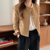 Spot 2021 autumn and winter Korean ins camel color worsted woolen woolen short coat female celebrity Xiangfeng round neck suit tide