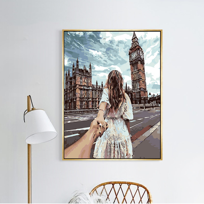Digital oil painting diy oil painting living room landscape love couple hand-painted coloring hanging painting holding hands decorative painting