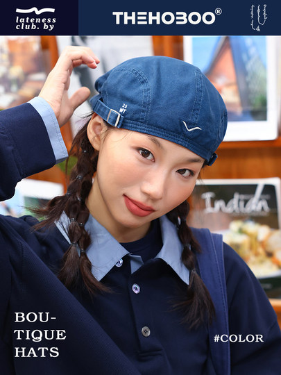 THE HOBOO original embroidered reverse beret women's autumn and winter forward hat showing face small hat men's newsboy hat