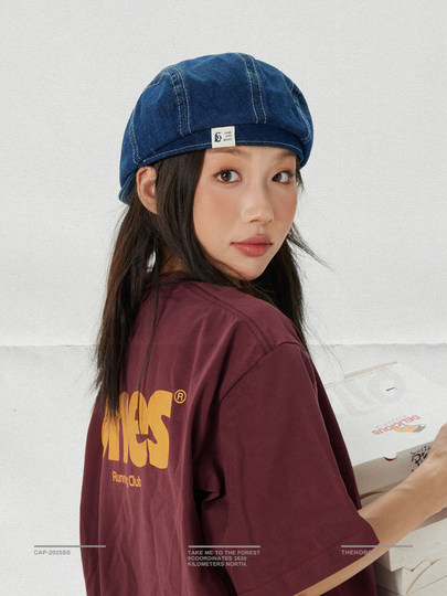 THE HOBOO Japanese original reverse beret women's spring and summer denim forward hat men's all-match newsboy hat