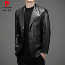 Pierre Cardin sheep leather mens leather jacket suit plus velvet soft leather jacket autumn and winter mens tide suit