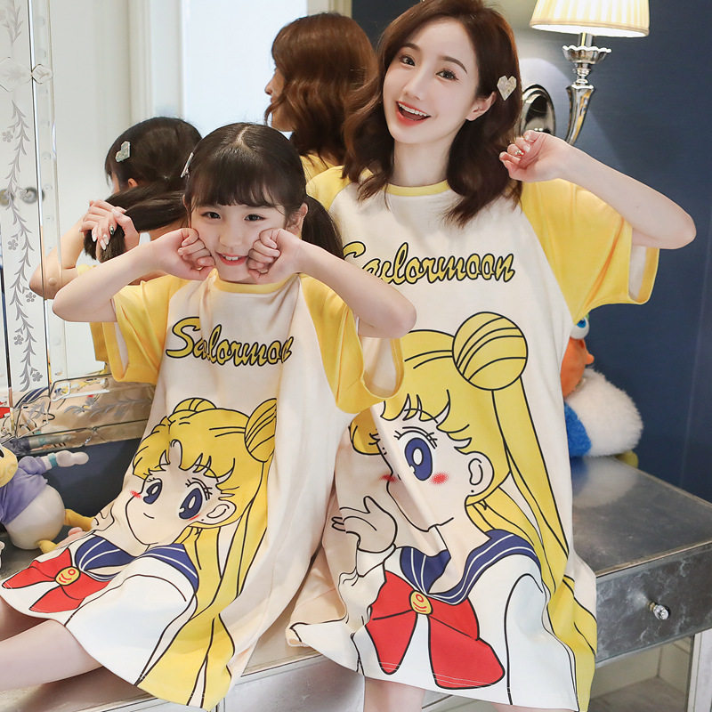 Parent-child dress mother-daughter nightgown summer thin children's pajamas short sleeves cotton princess girl baby cotton homewear