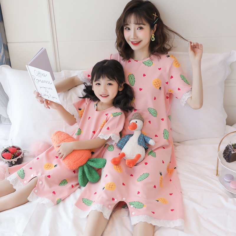 Princess nightdress mother and daughters summer short sleeve sweet parent-child pajamas large and medium-sized children 3-year-old baby one-piece homewear